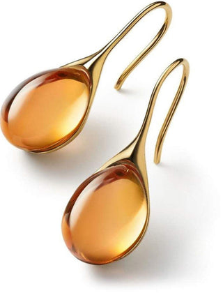 Amber orange teardrop cabochon drop earrings with gold-tone hook wires