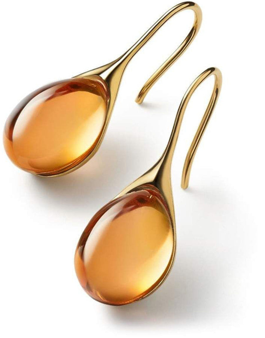 Amber orange teardrop cabochon drop earrings with gold-tone hook wires
