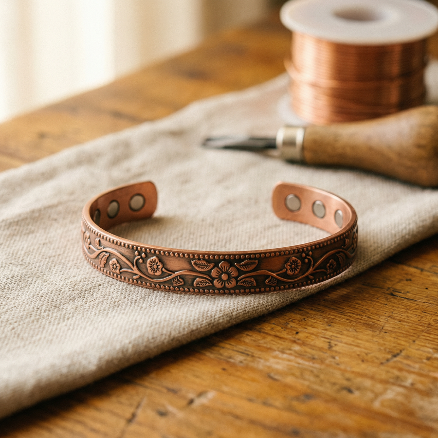 Antiqued copper-tone open cuff bracelet with a pressed floral vine pattern and beaded edges