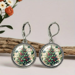Christmas tree earrings with a vintage tree print under domed glass in a beaded silver-tone bezel