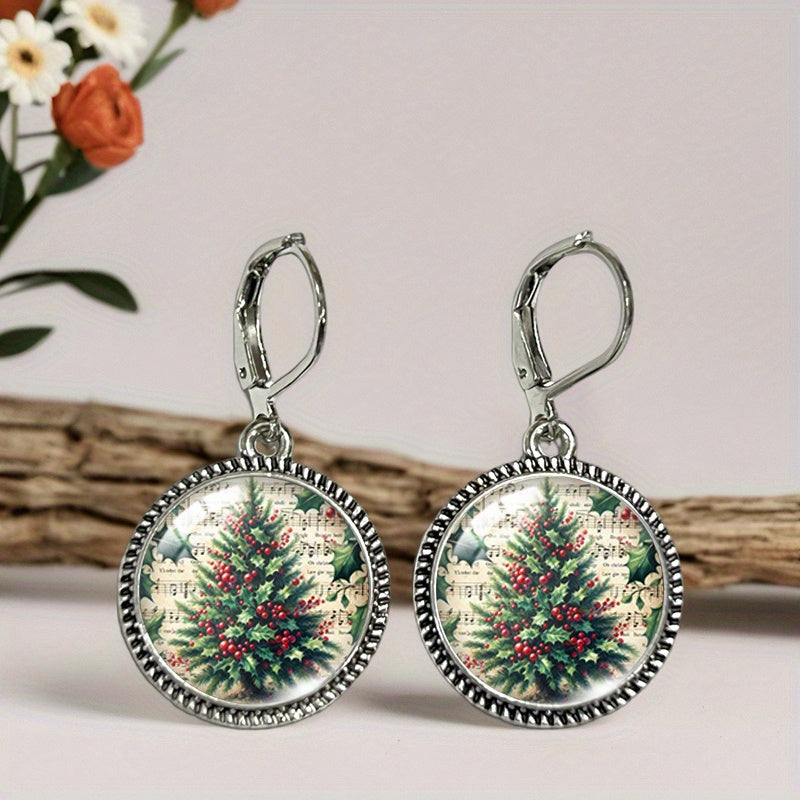 Christmas tree earrings with a vintage tree print under domed glass in a beaded silver-tone bezel