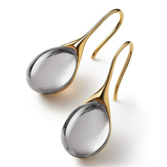 Clear grey teardrop cabochon drop earrings with gold-tone hook wires