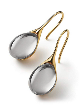 Clear grey teardrop cabochon drop earrings with gold-tone hook wires