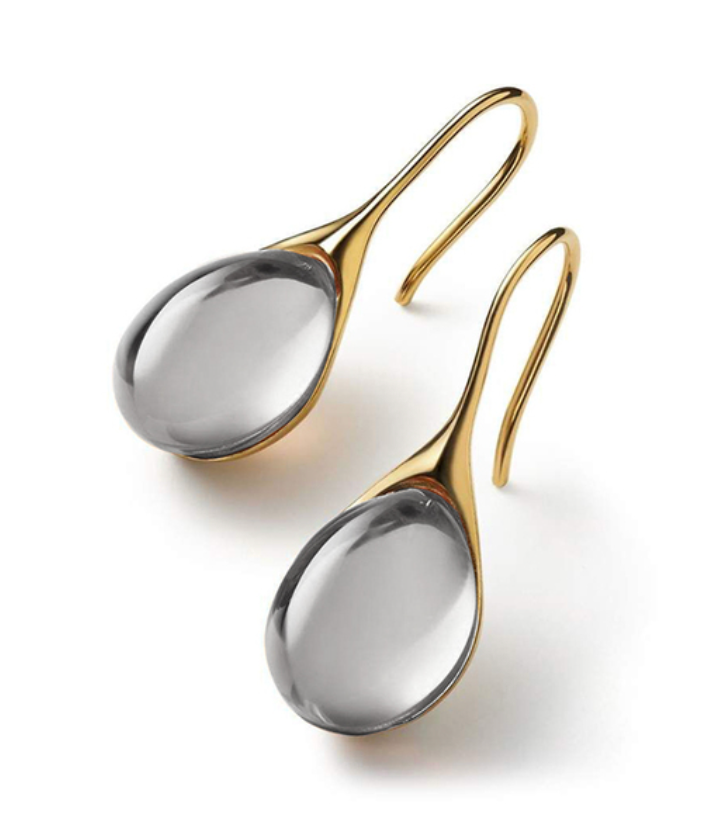 Clear grey teardrop cabochon drop earrings with gold-tone hook wires