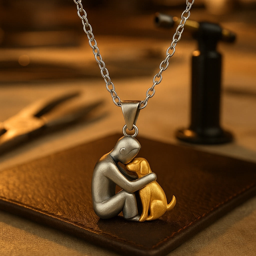 Close view of the dog hug pendant with a gold-tone dog, resting on a workbench