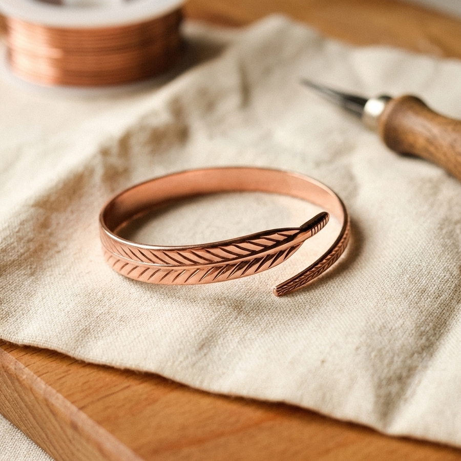 Copper cuff bracelet engraved as a feather, with the two tapered tips wrapping past each other