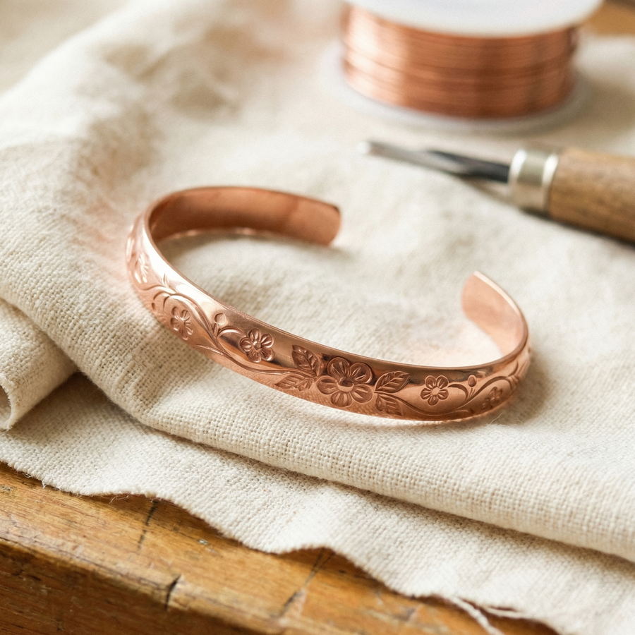 Copper cuff bracelet engraved with flowers and a vine, on linen beside a graver