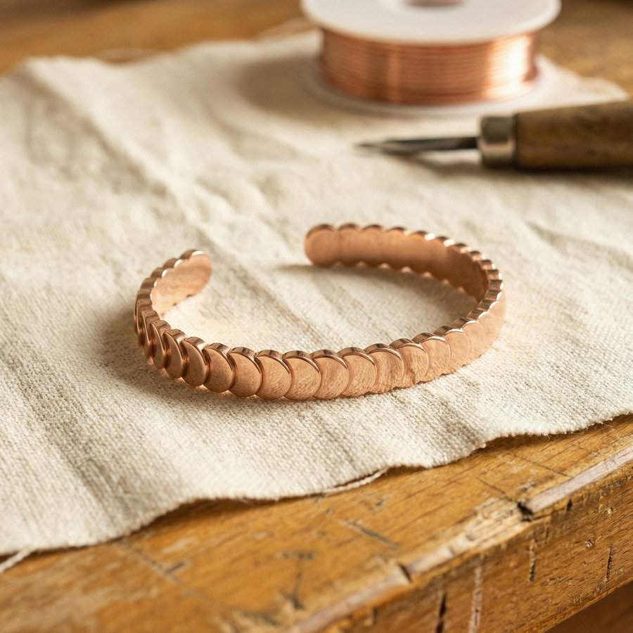 Copper cuff bracelet made of small overlapping discs, resting on a linen cloth
