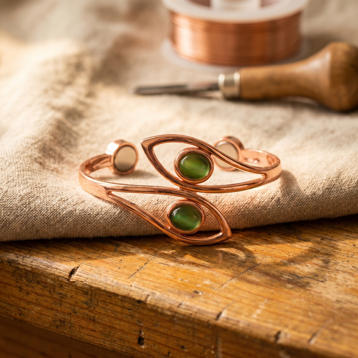 Copper-tone open cuff bracelet with two oval green cabochon stones set in crossing wire loops
