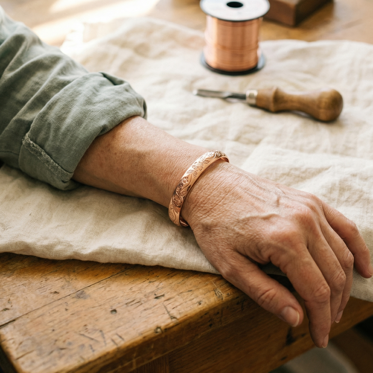 Engraved copper cuff bracelet worn on the wrist at a workbench