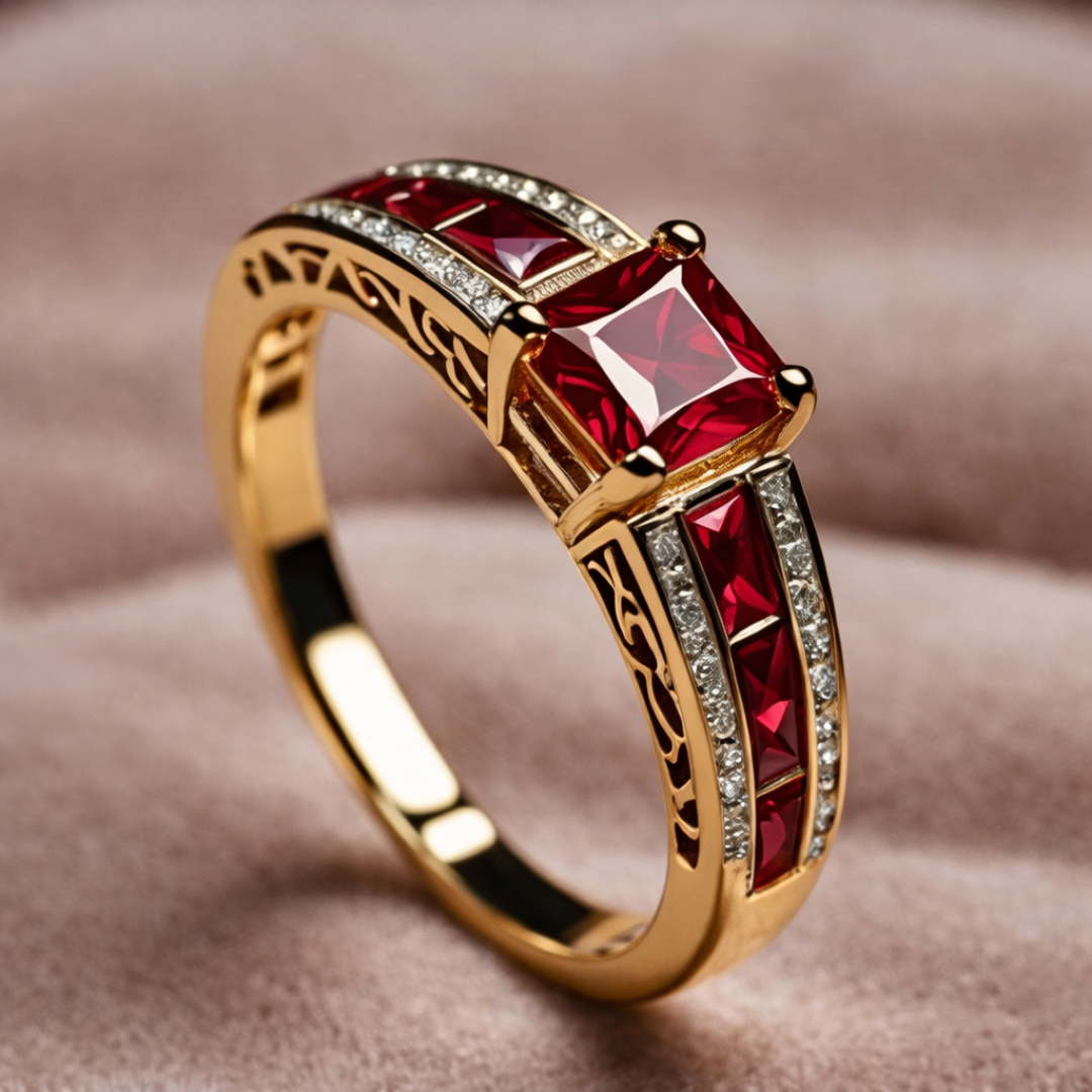 Gold-tone cocktail ring with a step-cut red crystal centre stone, clear stone shoulders and openwork scrollwork along the band