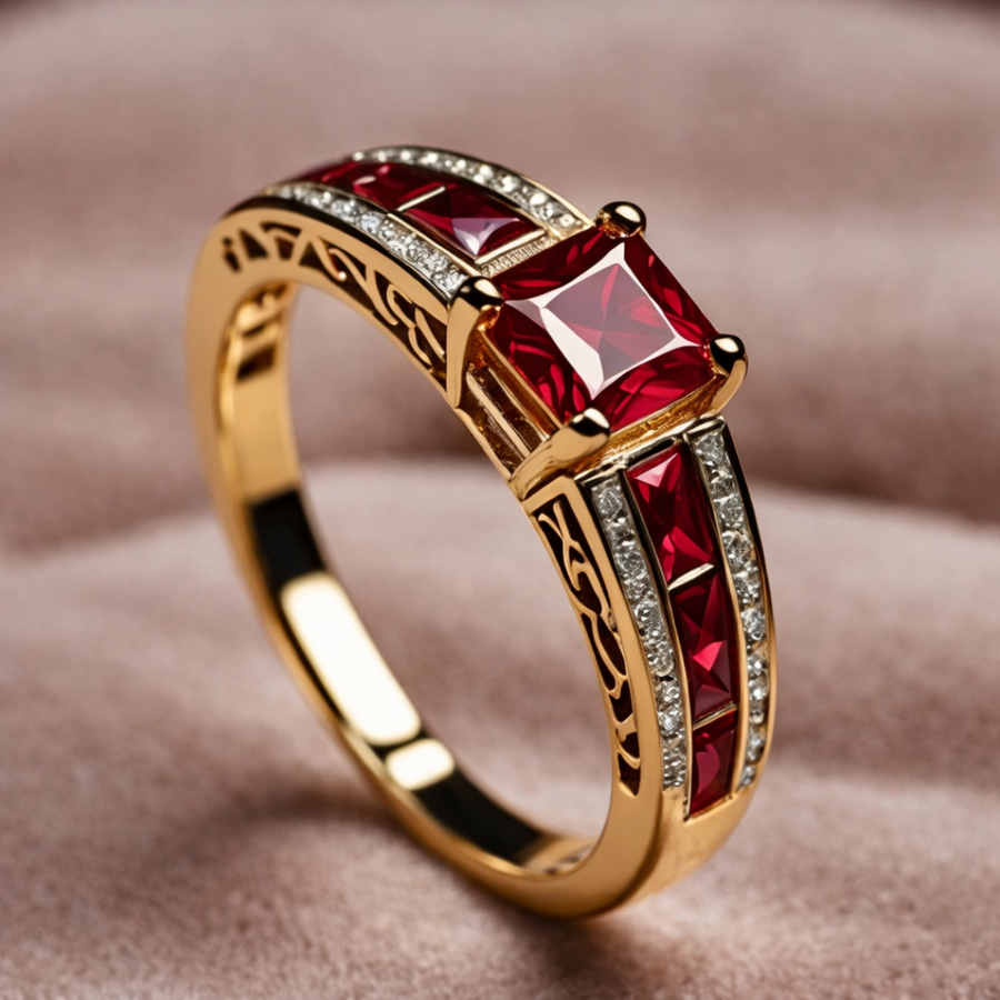 Gold-tone cocktail ring with a step-cut red crystal centre stone, clear stone shoulders and openwork scrollwork along the band