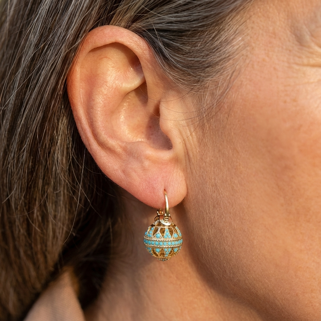 Gold-tone filigree globe drop earrings set with turquoise-effect stones