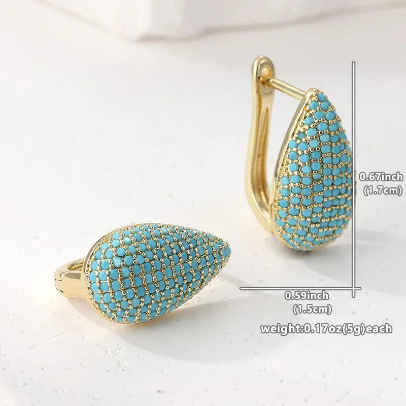 Gold-tone teardrop huggie earrings pave set with turquoise-effect stones