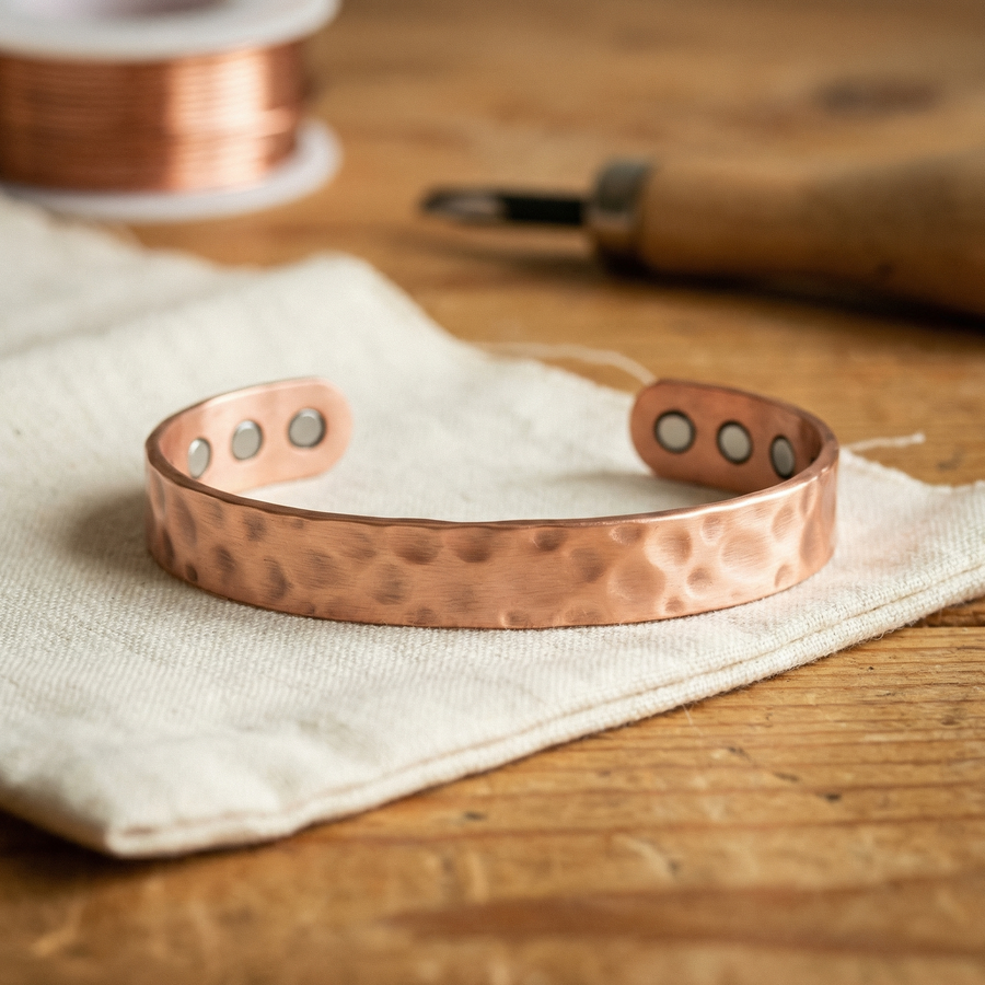 Hammered copper cuff bracelet showing six magnets set flush into the ends