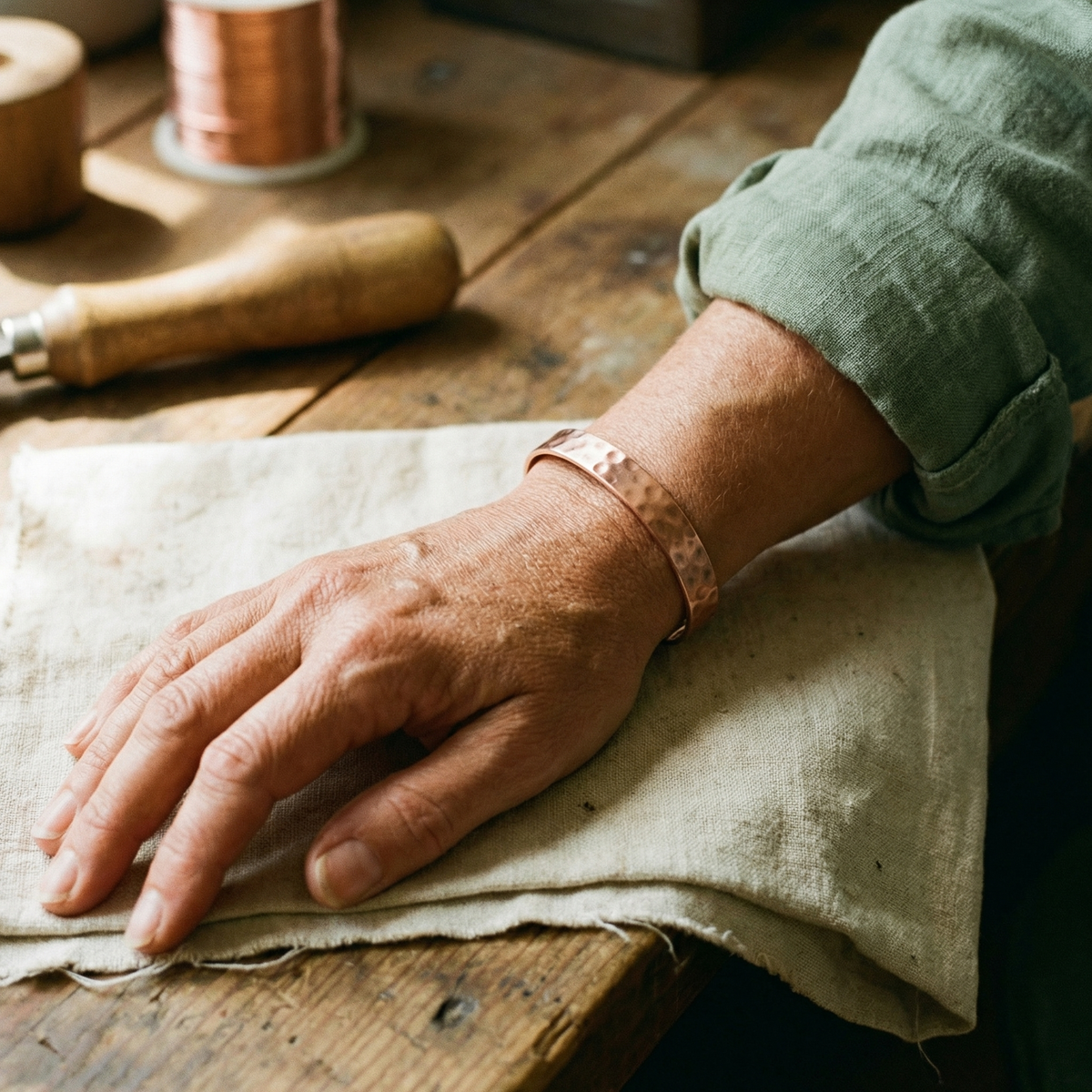 Hammered copper cuff bracelet worn on the wrist at a workbench