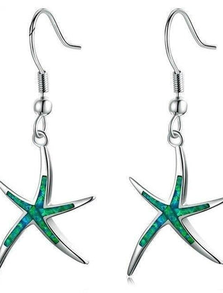 Opal starfish drop earrings with a green inlay in a polished silver-tone frame