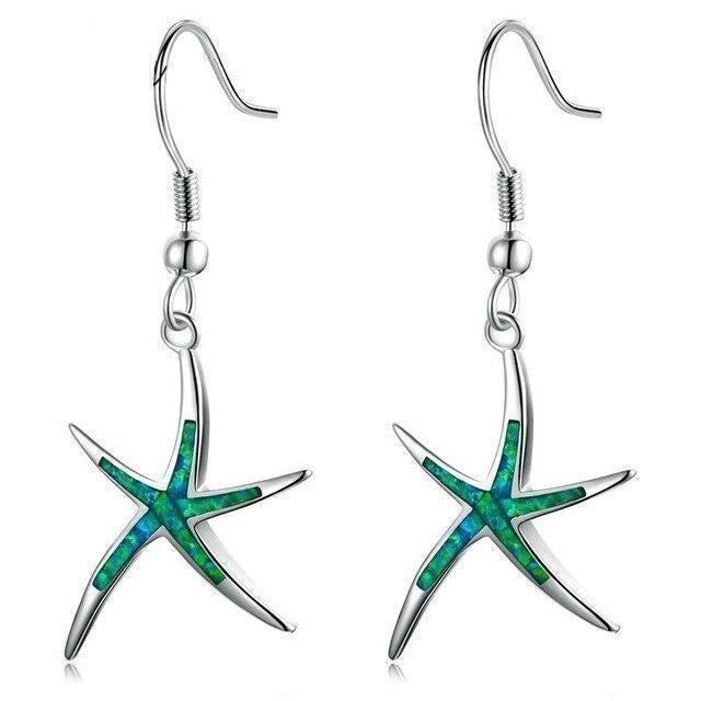 Opal starfish drop earrings with a green inlay in a polished silver-tone frame