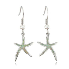 Opal starfish drop earrings with a pale white inlay and hook wires