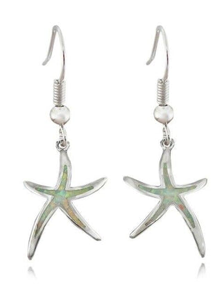 Opal starfish drop earrings with a pale white inlay and hook wires