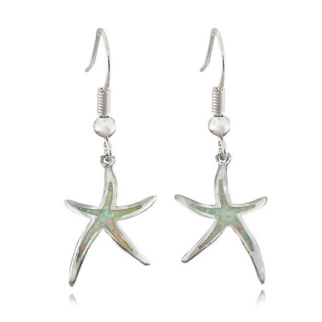 Opal starfish drop earrings with a pale white inlay and hook wires