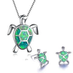 Opal turtle necklace and earrings set in green