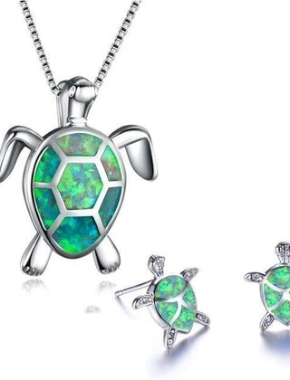 Opal turtle necklace and earrings set in green