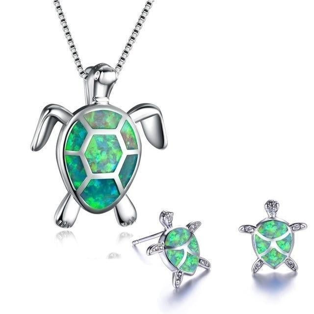 Opal turtle necklace and earrings set in green