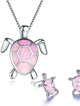 Opal turtle necklace and earrings set in pink