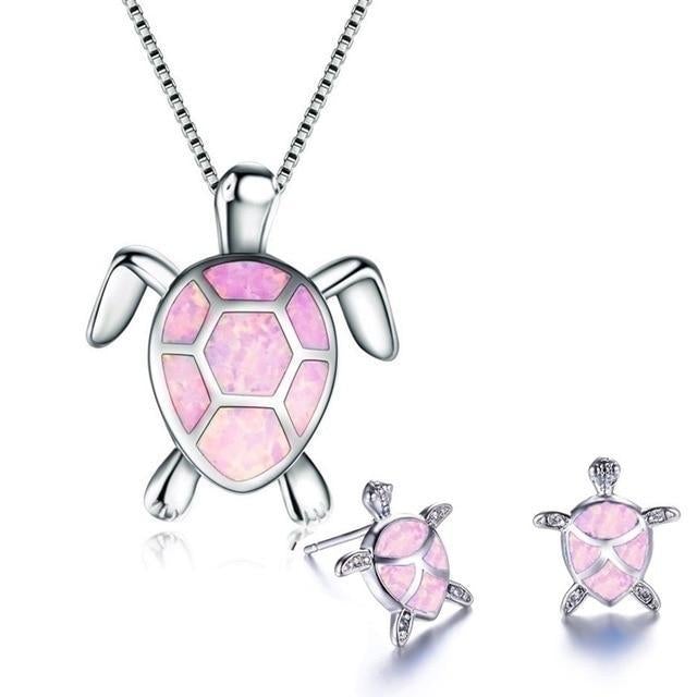 Opal turtle necklace and earrings set in pink