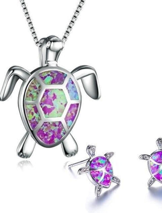 Opal turtle necklace and earrings set in purple