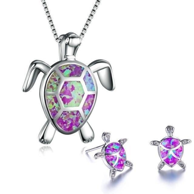 Opal turtle necklace and earrings set in purple