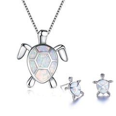 Opal turtle necklace and earrings set in white