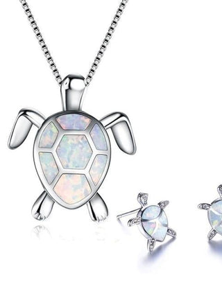 Opal turtle necklace and earrings set in white