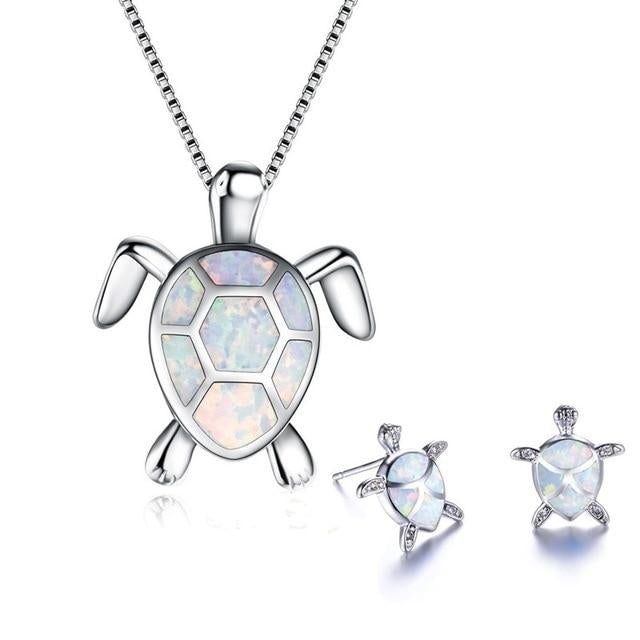 Opal turtle necklace and earrings set in white