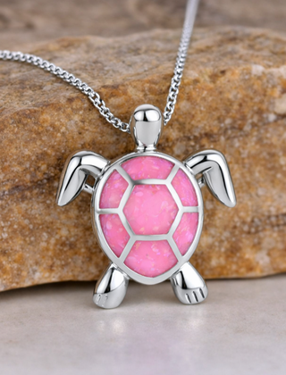 Opal turtle pendant necklace with a pink shell
