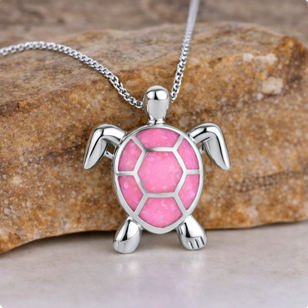 Opal turtle pendant necklace with a pink shell
