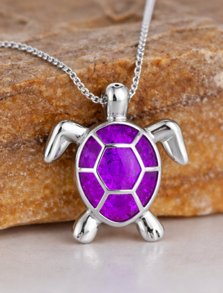 Opal turtle pendant necklace with a purple shell