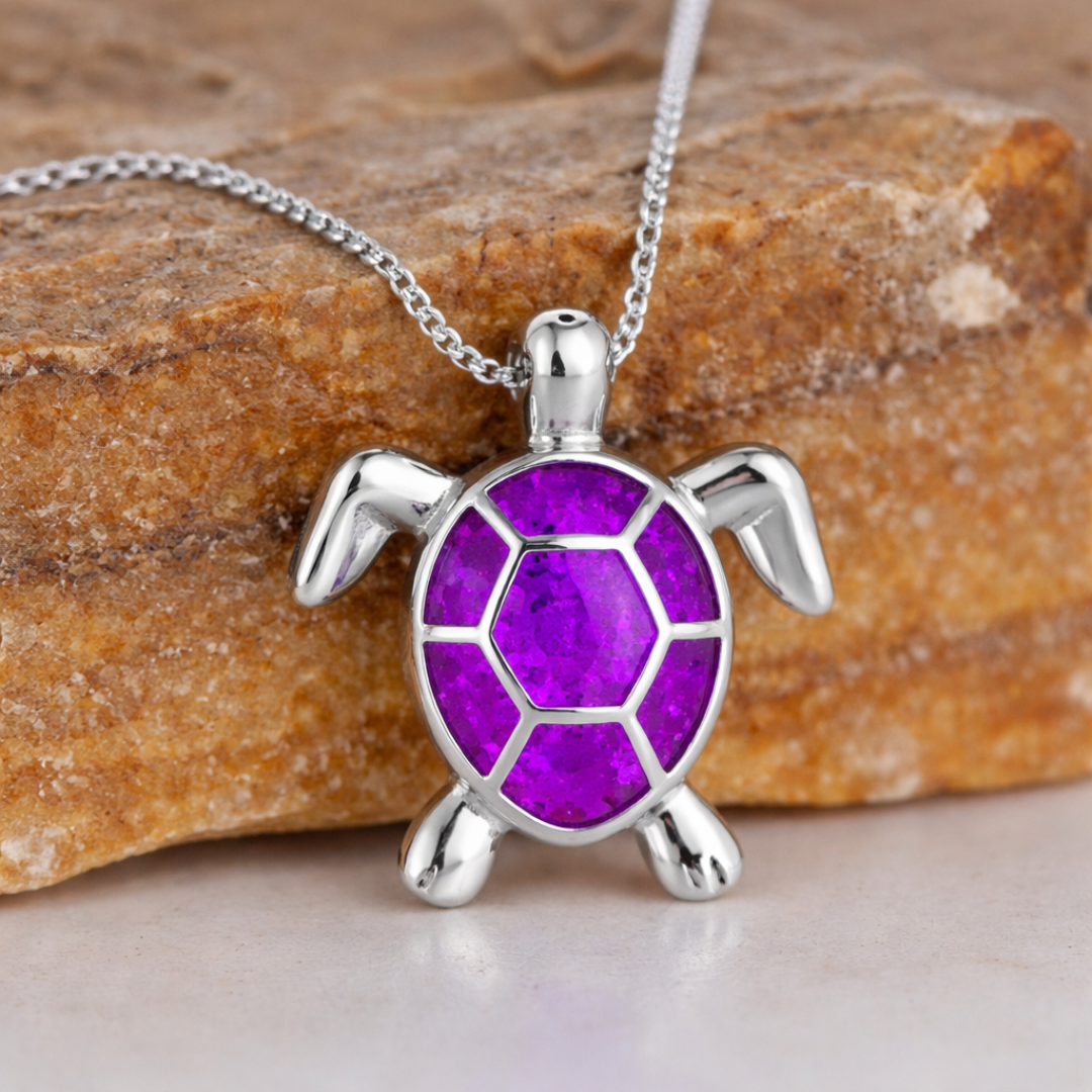 Opal turtle pendant necklace with a purple shell