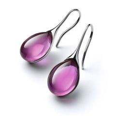 Purple teardrop cabochon drop earrings with silver-tone hook wires