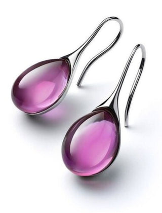 Purple teardrop cabochon drop earrings with silver-tone hook wires