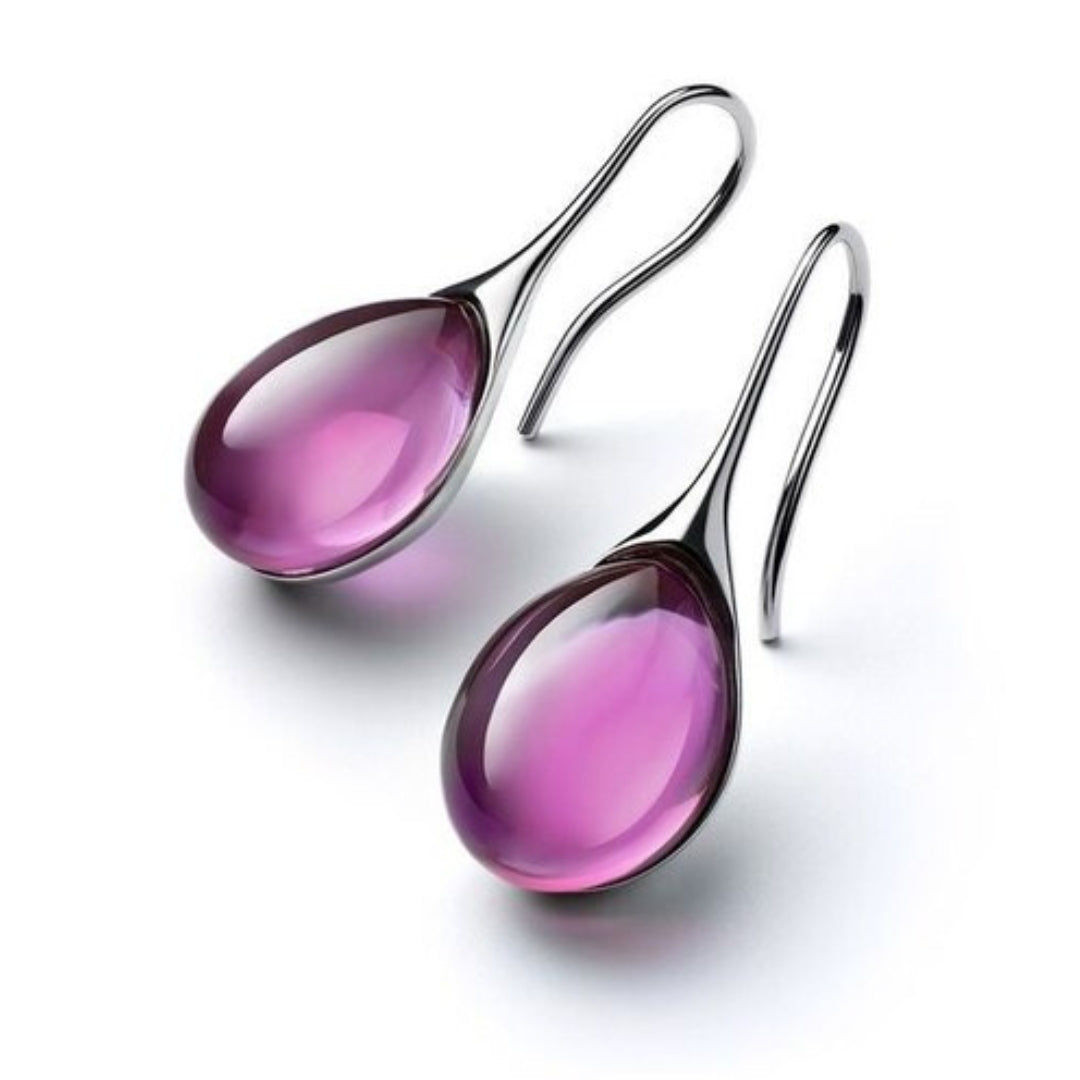 Purple teardrop cabochon drop earrings with silver-tone hook wires