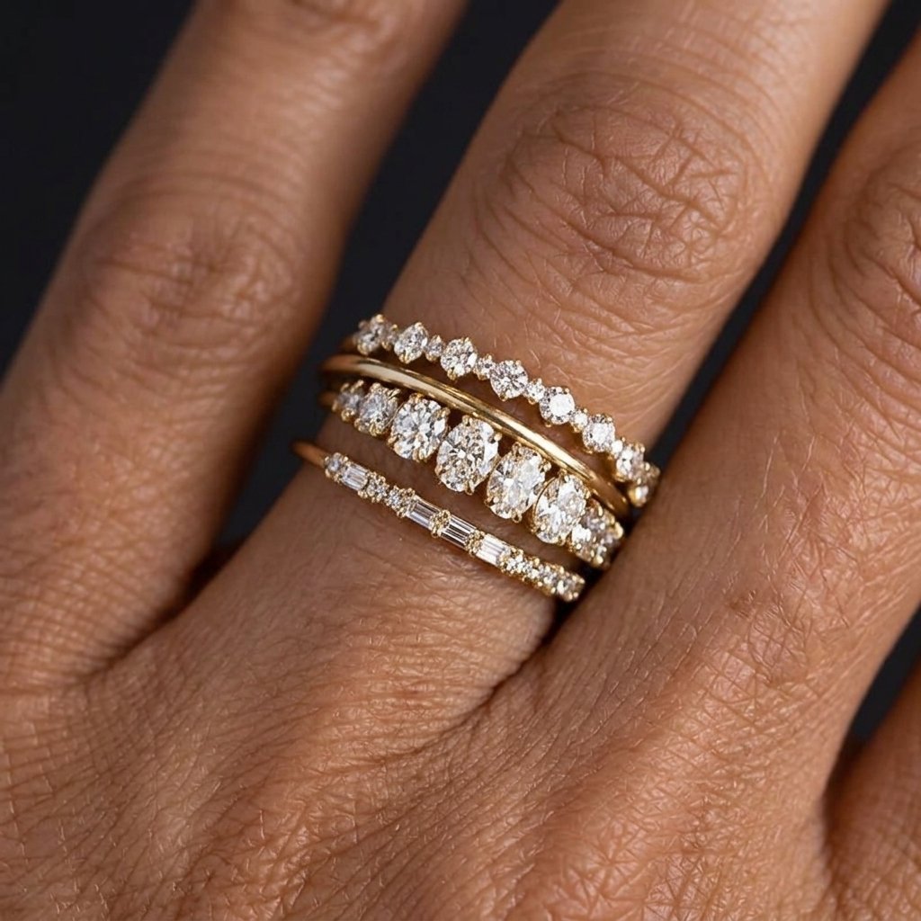 Set of four gold-tone stacking rings with clear crystal settings