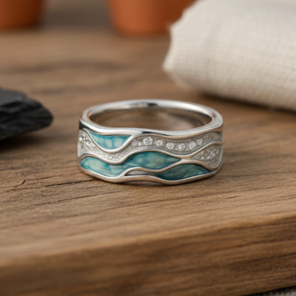 Silver-tone band ring with a turquoise and blue wave inlay