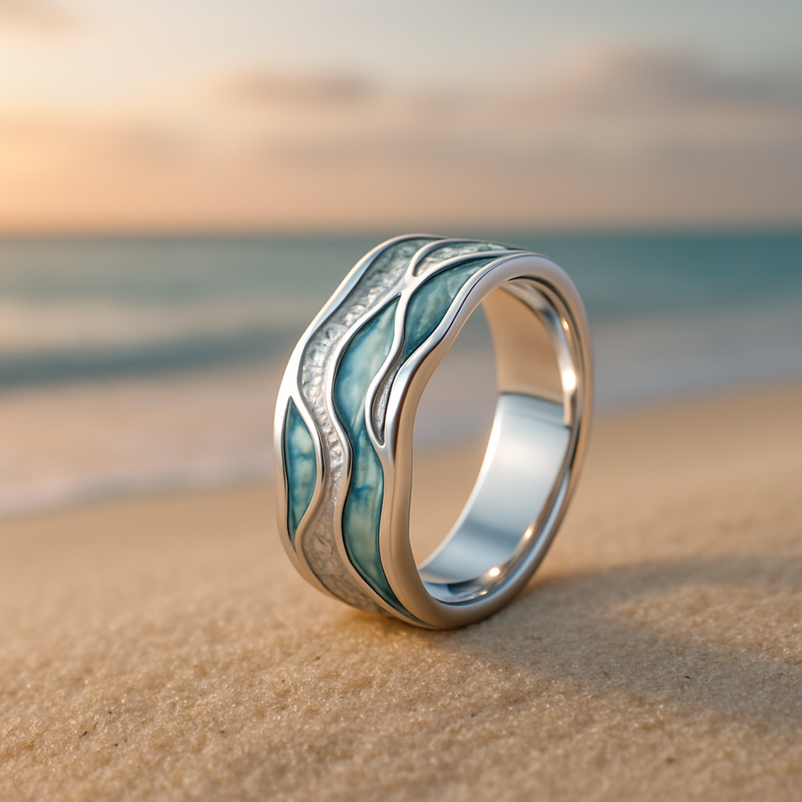 Silver-tone band ring with a turquoise and blue wave inlay