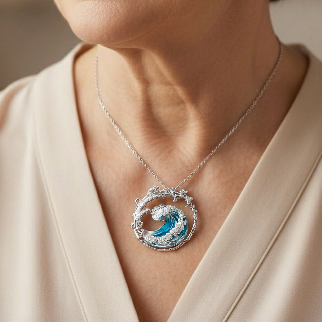 Silver-tone ocean wave pendant necklace with a blue centre stone