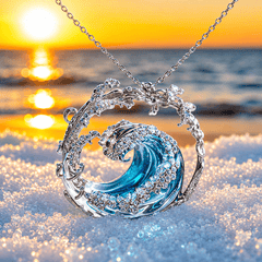 Silver-tone ocean wave pendant necklace with a blue centre stone