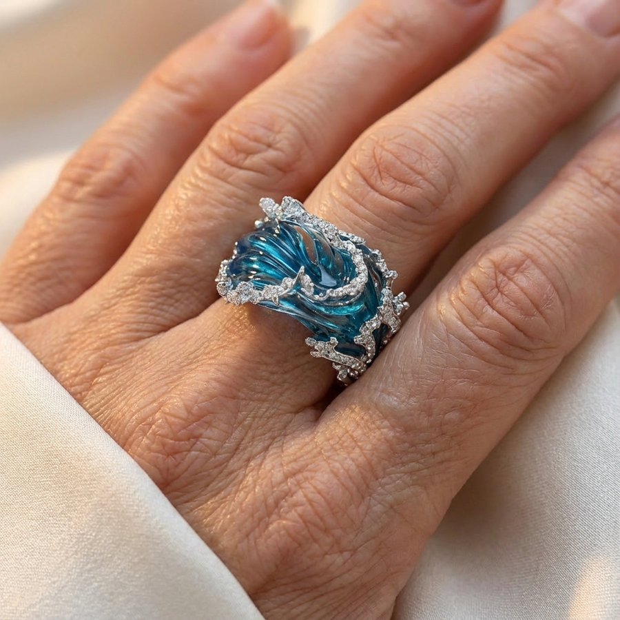 Silver-tone statement ring shaped as a breaking wave with blue enamel