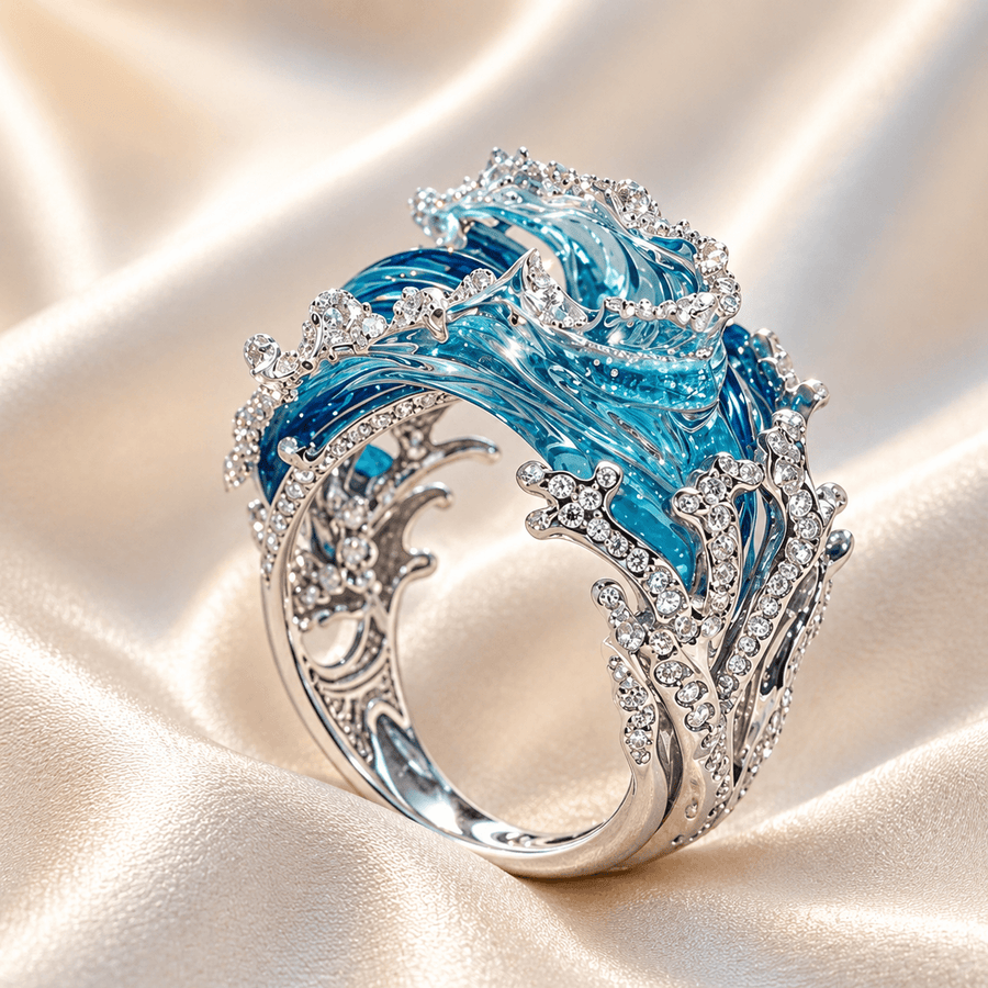 Silver-tone statement ring shaped as a breaking wave with blue enamel