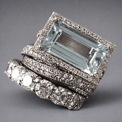 Silver-tone three-band stacking ring set with a rectangular aqua stone